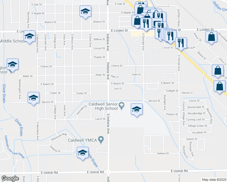map of restaurants, bars, coffee shops, grocery stores, and more near 3101 South Indiana Avenue in Caldwell