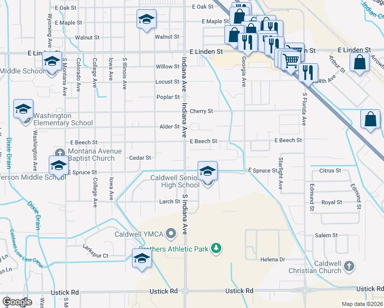 map of restaurants, bars, coffee shops, grocery stores, and more near 3101 South Indiana Avenue in Caldwell