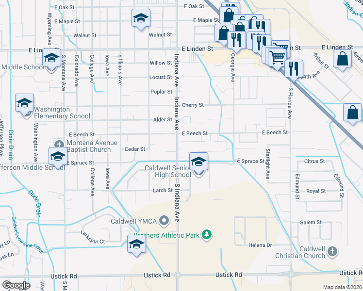map of restaurants, bars, coffee shops, grocery stores, and more near 3101 South Indiana Avenue in Caldwell