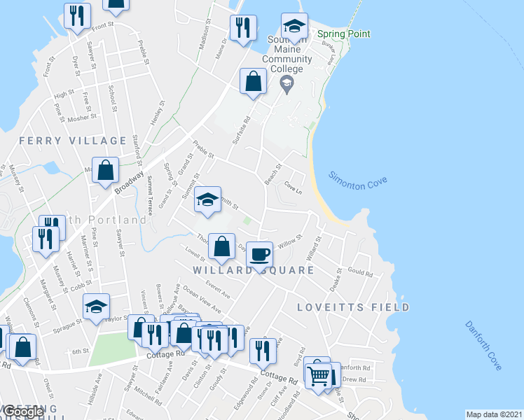 map of restaurants, bars, coffee shops, grocery stores, and more near 308 Preble Street in South Portland