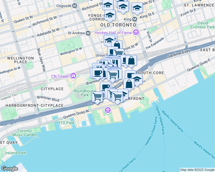 map of restaurants, bars, coffee shops, grocery stores, and more near 14 York Street in Toronto