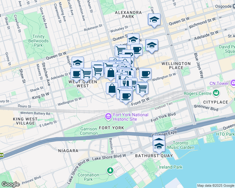 map of restaurants, bars, coffee shops, grocery stores, and more near 61 Stewart Street in Toronto
