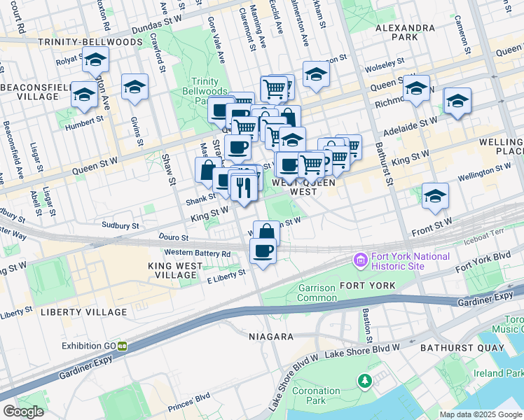 map of restaurants, bars, coffee shops, grocery stores, and more near 49 Stafford Street in Toronto