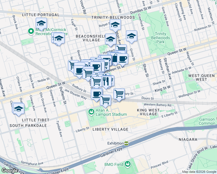 map of restaurants, bars, coffee shops, grocery stores, and more near 22 Dovercourt Road in Toronto