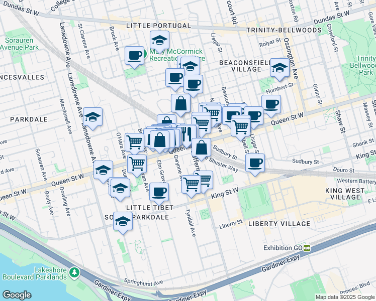 map of restaurants, bars, coffee shops, grocery stores, and more near in Toronto