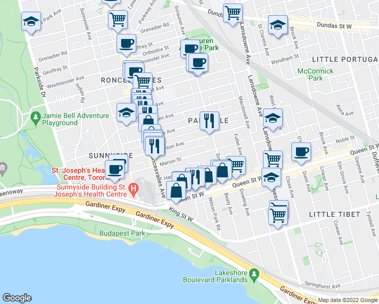 map of restaurants, bars, coffee shops, grocery stores, and more near in Toronto