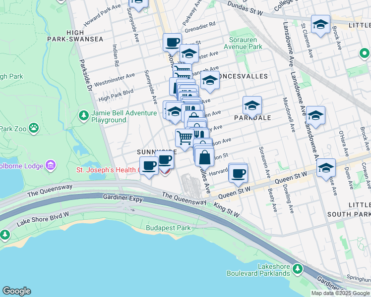 map of restaurants, bars, coffee shops, grocery stores, and more near in Toronto