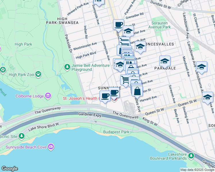 map of restaurants, bars, coffee shops, grocery stores, and more near in Toronto