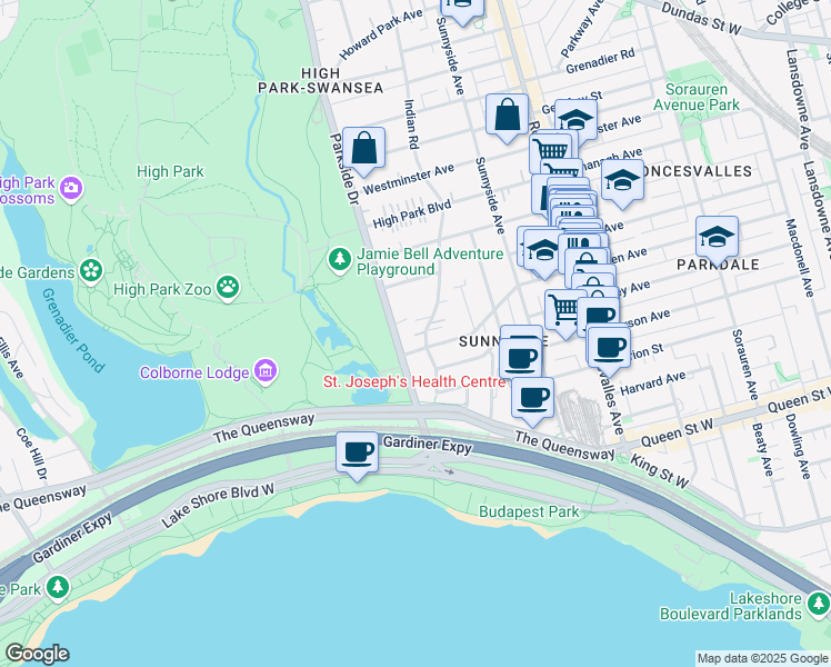map of restaurants, bars, coffee shops, grocery stores, and more near 96 Indian Road in Toronto