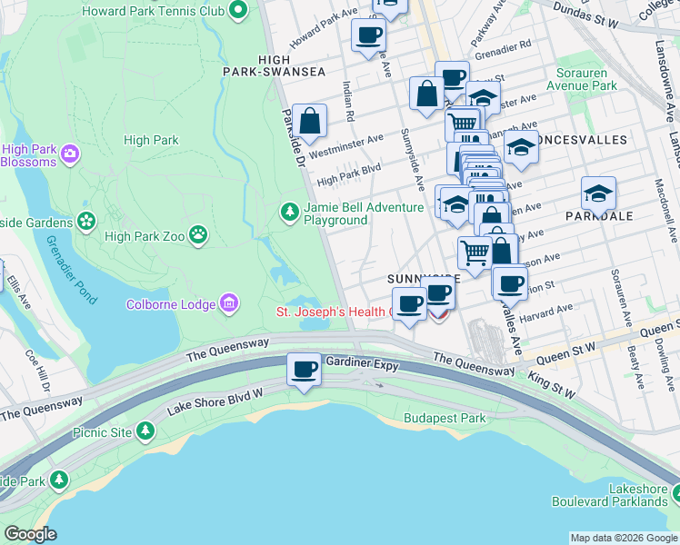 map of restaurants, bars, coffee shops, grocery stores, and more near 101 Parkside Drive in Toronto
