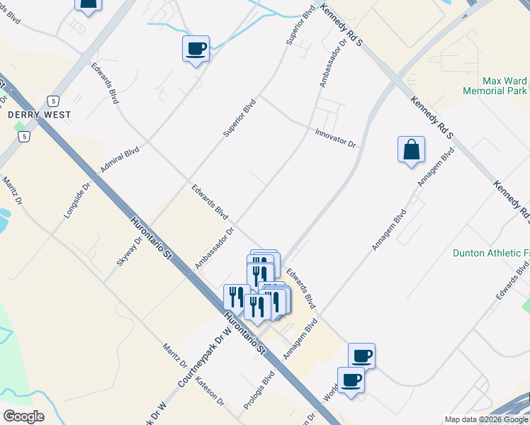 map of restaurants, bars, coffee shops, grocery stores, and more near 190 Ambassador Drive in Mississauga