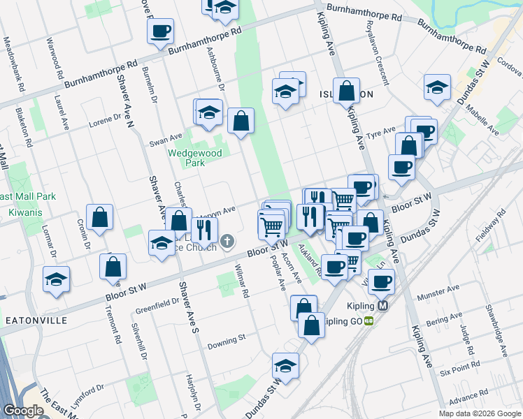 map of restaurants, bars, coffee shops, grocery stores, and more near 23 Ashbourne Drive in Toronto