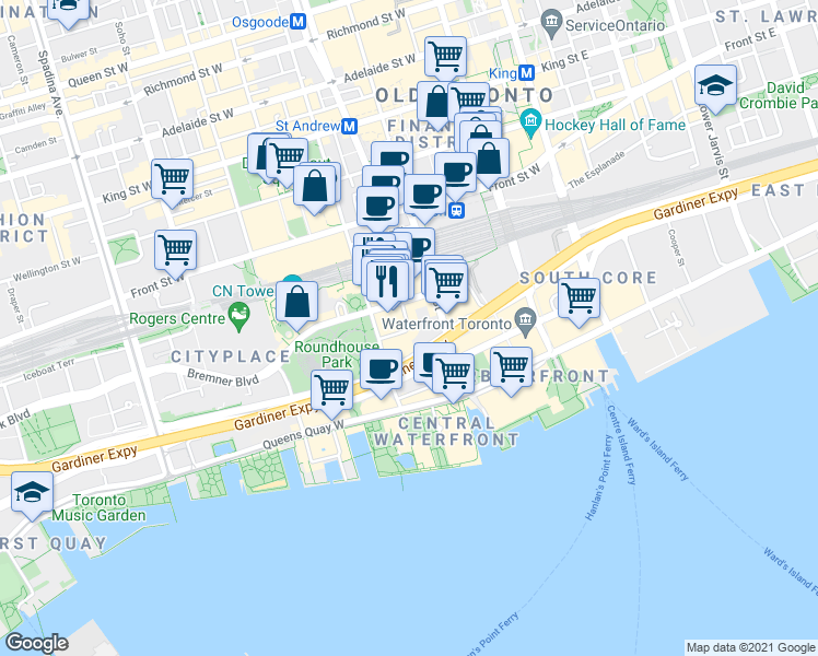 map of restaurants, bars, coffee shops, grocery stores, and more near 12 York Street in Toronto