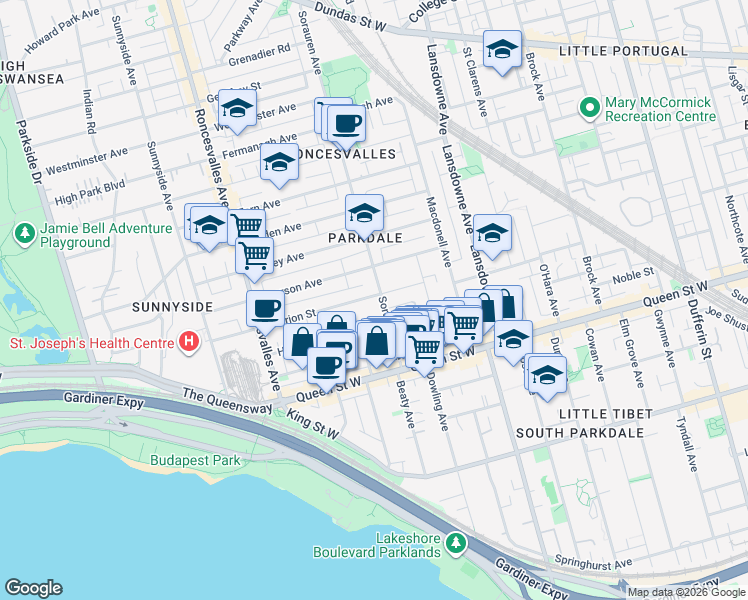 map of restaurants, bars, coffee shops, grocery stores, and more near 74 Sorauren Avenue in Toronto