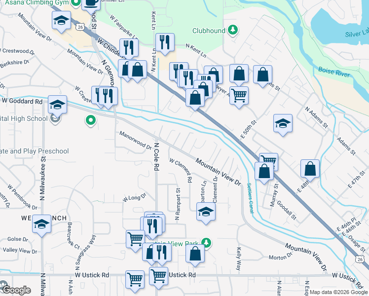 map of restaurants, bars, coffee shops, grocery stores, and more near 4149 North Lenora Drive in Boise