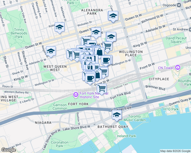 map of restaurants, bars, coffee shops, grocery stores, and more near 39 Niagara Street in Toronto