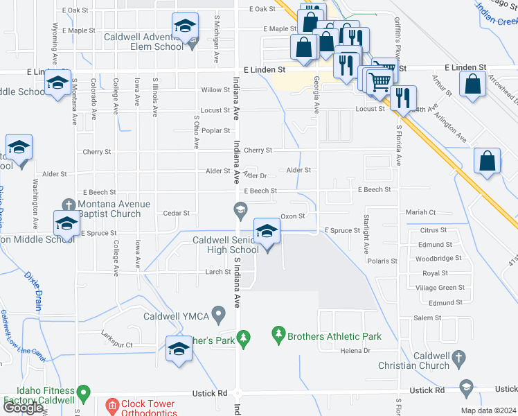 map of restaurants, bars, coffee shops, grocery stores, and more near 2202 Ison Court in Caldwell
