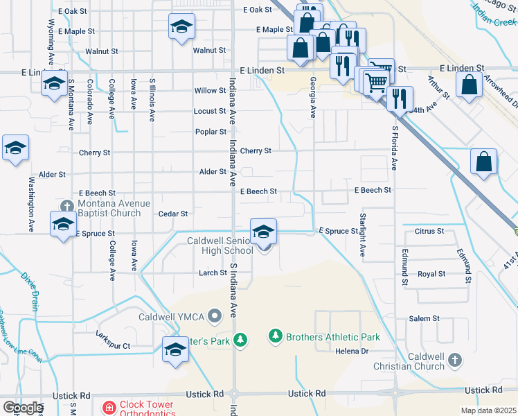 map of restaurants, bars, coffee shops, grocery stores, and more near 2207 Ison Court in Caldwell