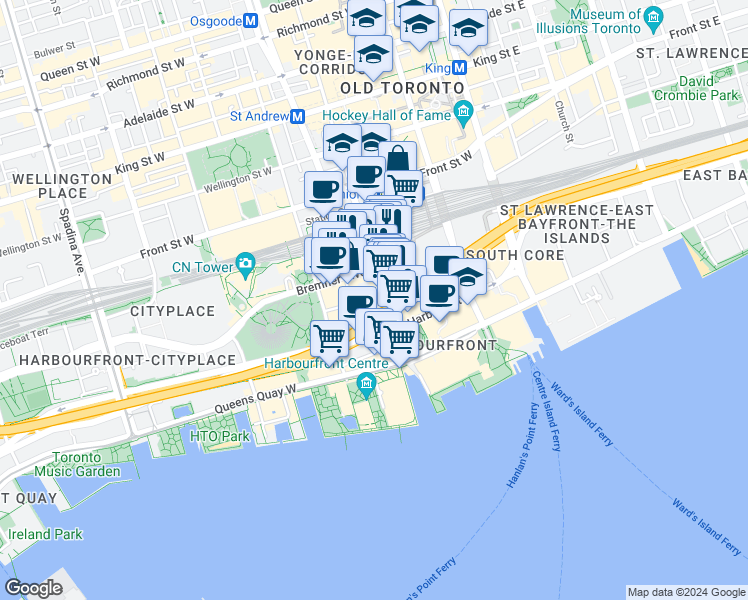 map of restaurants, bars, coffee shops, grocery stores, and more near in Toronto