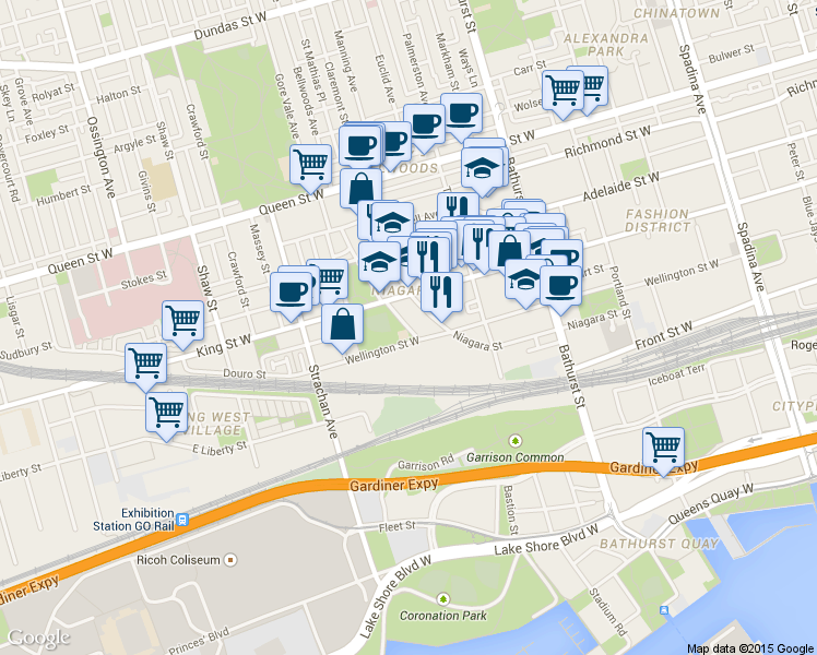 map of restaurants, bars, coffee shops, grocery stores, and more near 93 Walnut Avenue in Toronto