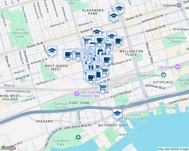 map of restaurants, bars, coffee shops, grocery stores, and more near 39 Niagara Street in Toronto