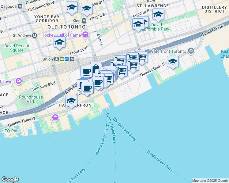 map of restaurants, bars, coffee shops, grocery stores, and more near 15 Queens Quay West in Toronto