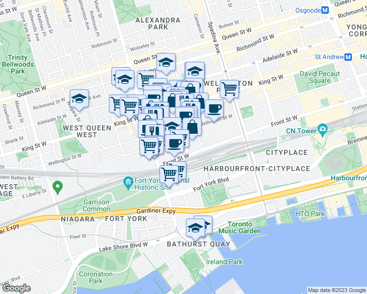 map of restaurants, bars, coffee shops, grocery stores, and more near 12a Portland Street in Toronto