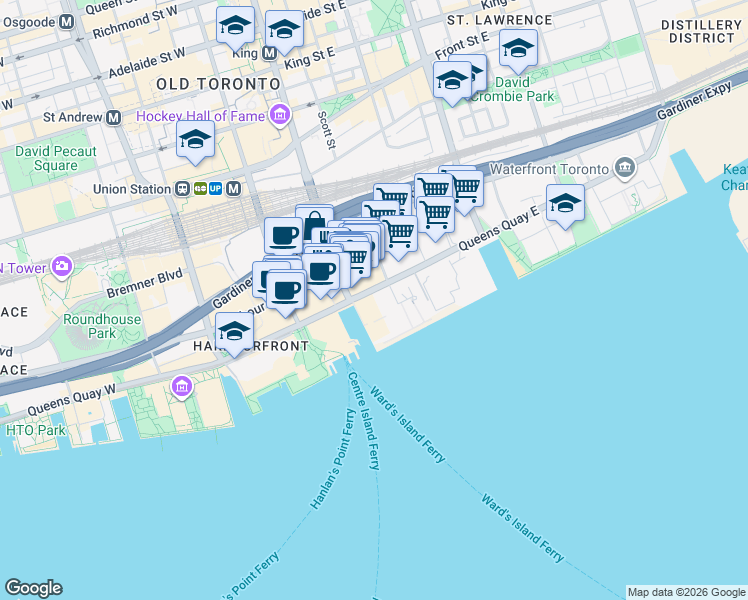 map of restaurants, bars, coffee shops, grocery stores, and more near 15 Queens Quay East in Toronto
