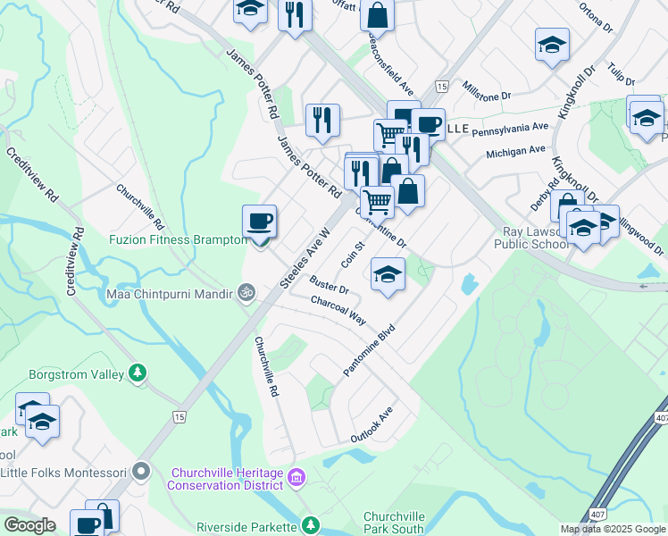 map of restaurants, bars, coffee shops, grocery stores, and more near 32 Coin Street in Brampton