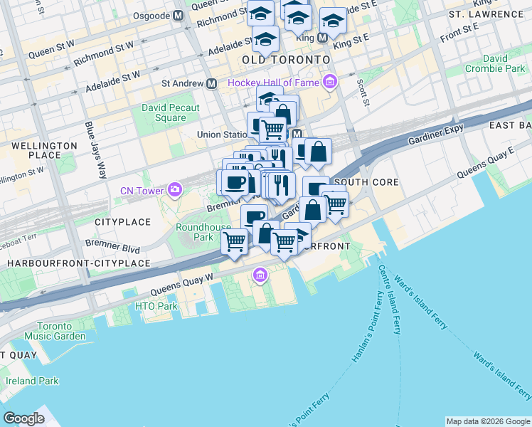 map of restaurants, bars, coffee shops, grocery stores, and more near 14 York Street in Toronto
