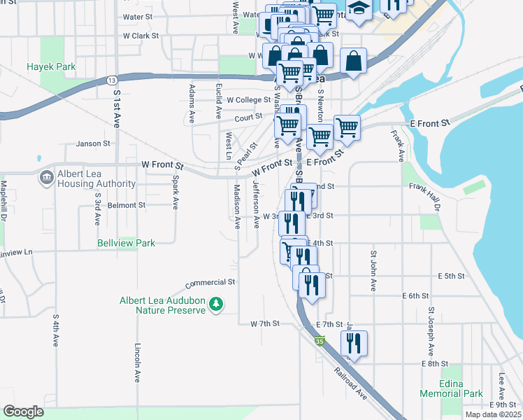 map of restaurants, bars, coffee shops, grocery stores, and more near 812 South Washington Avenue in Albert Lea