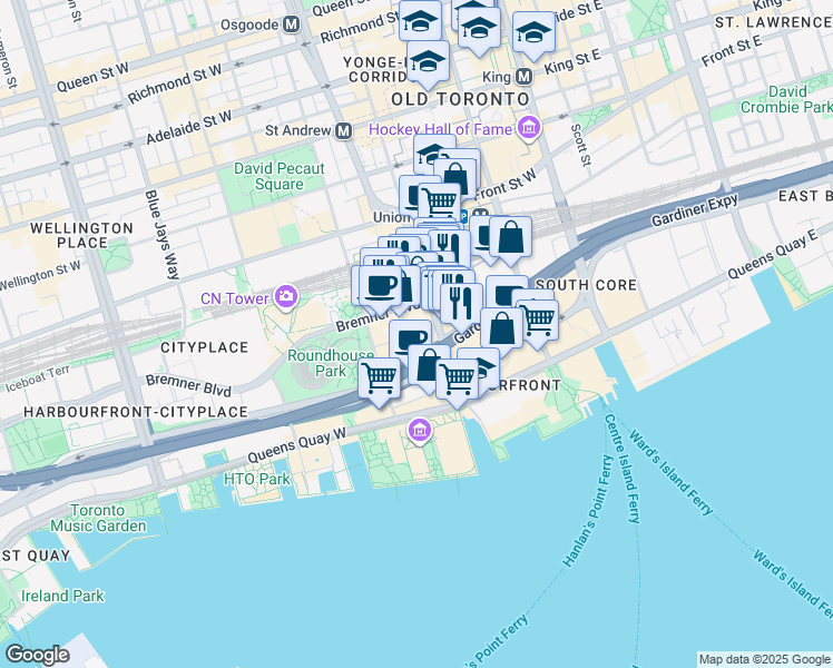 map of restaurants, bars, coffee shops, grocery stores, and more near 12 York Street in Toronto