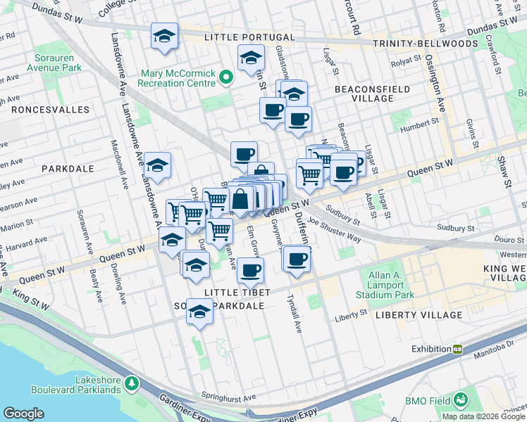 map of restaurants, bars, coffee shops, grocery stores, and more near 1294 Queen Street West in Toronto
