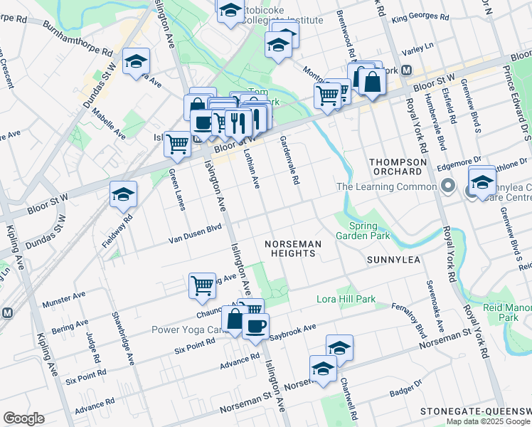map of restaurants, bars, coffee shops, grocery stores, and more near Van Dusen Boulevard in Toronto