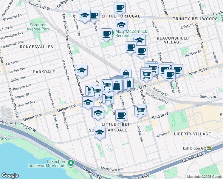 map of restaurants, bars, coffee shops, grocery stores, and more near 14 Brock Avenue in Toronto