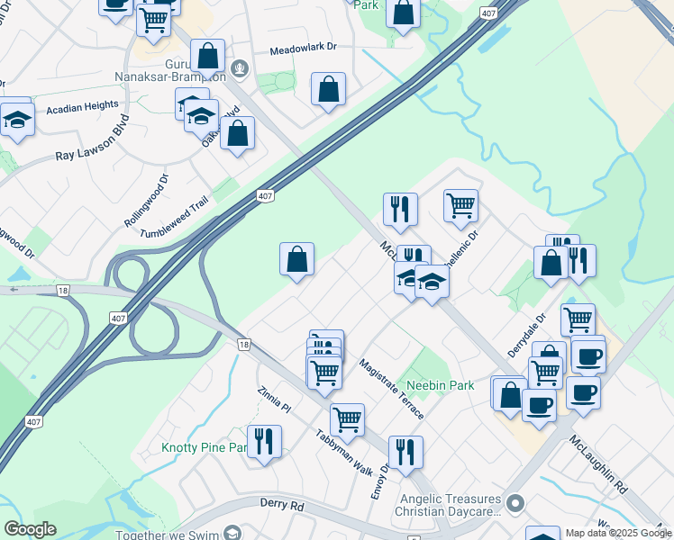 map of restaurants, bars, coffee shops, grocery stores, and more near 34-7385 Magistrate Terrace in Mississauga