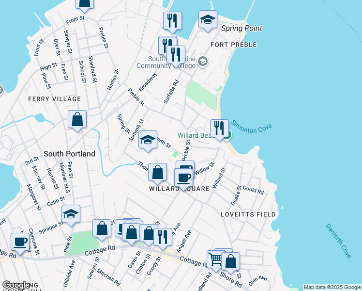 map of restaurants, bars, coffee shops, grocery stores, and more near 317 Preble Street in South Portland