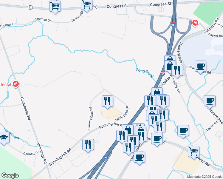 map of restaurants, bars, coffee shops, grocery stores, and more near 601-899 Sable Oaks Drive in South Portland
