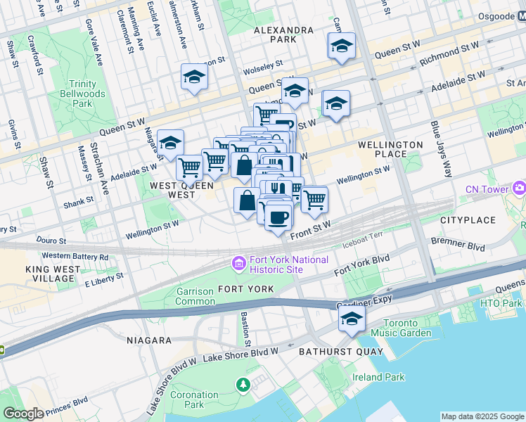 map of restaurants, bars, coffee shops, grocery stores, and more near 61 Stewart Street in Toronto