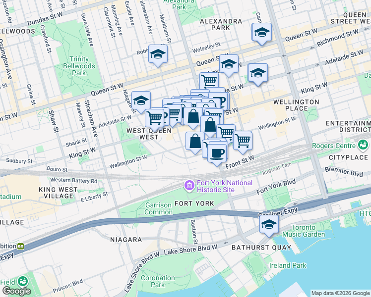 map of restaurants, bars, coffee shops, grocery stores, and more near in Toronto