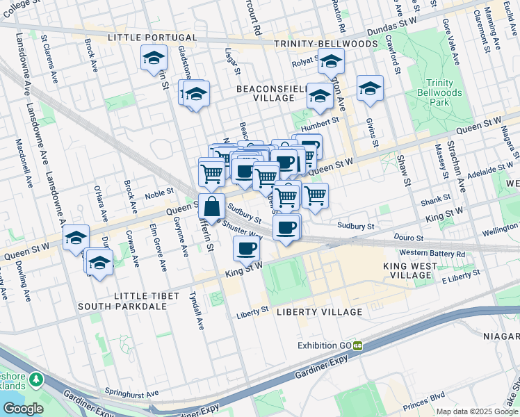 map of restaurants, bars, coffee shops, grocery stores, and more near 1153 Queen Street West in Toronto