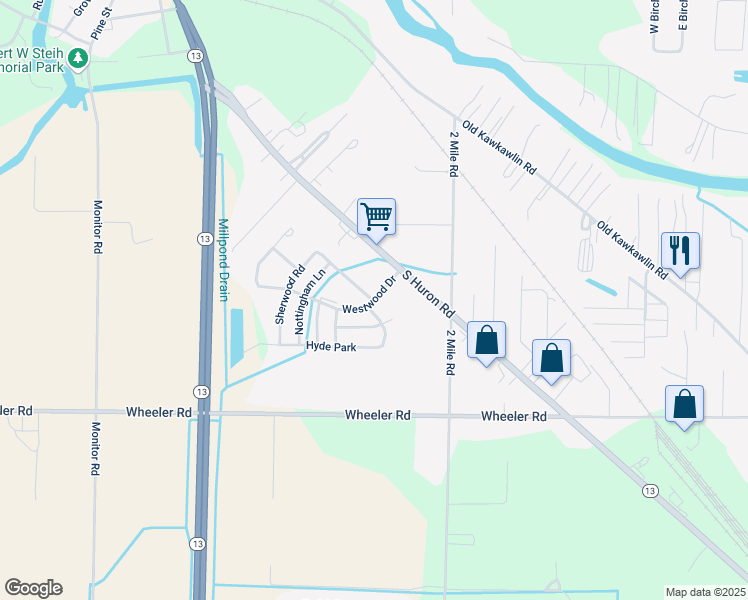 map of restaurants, bars, coffee shops, grocery stores, and more near 2911-2919 Westwood Drive in Bay City