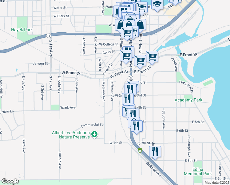 map of restaurants, bars, coffee shops, grocery stores, and more near 812 South Washington Avenue in Albert Lea