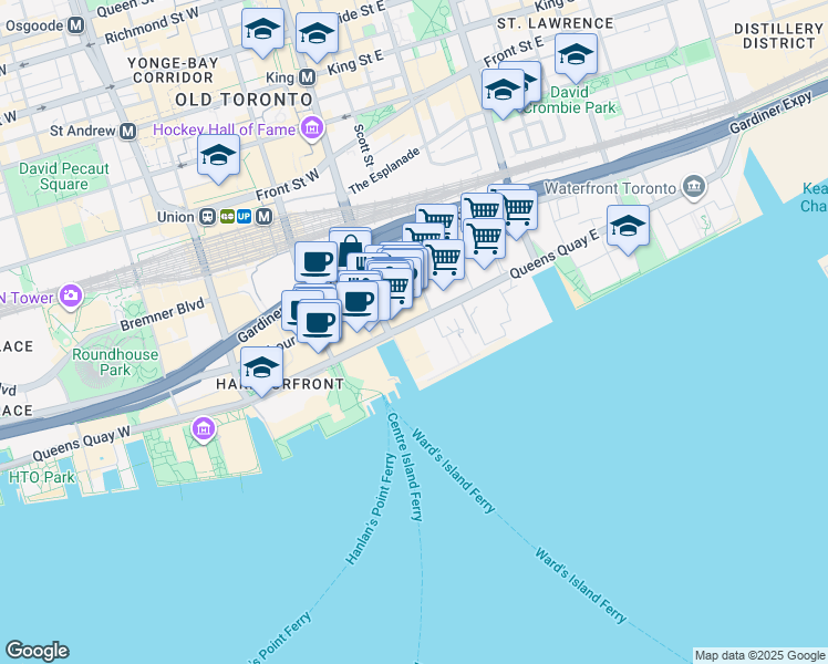 map of restaurants, bars, coffee shops, grocery stores, and more near 15 Queens Quay East in Toronto