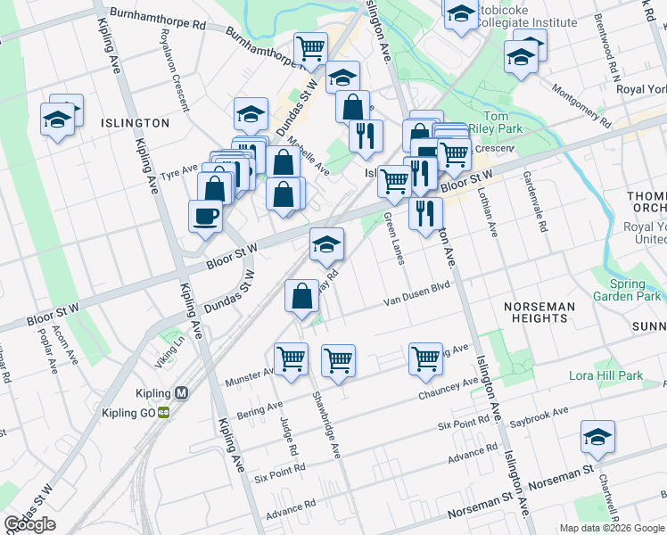 map of restaurants, bars, coffee shops, grocery stores, and more near 34 Fieldway Road in Toronto