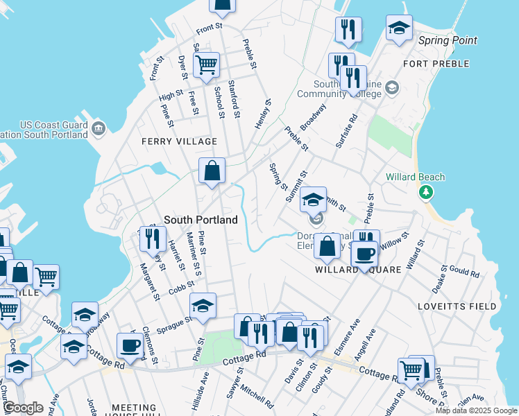 map of restaurants, bars, coffee shops, grocery stores, and more near 105 Summit Terrace in South Portland