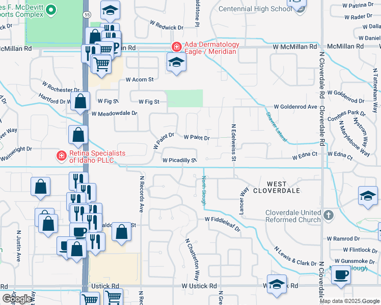 map of restaurants, bars, coffee shops, grocery stores, and more near 13134 West Scotfield Street in Boise