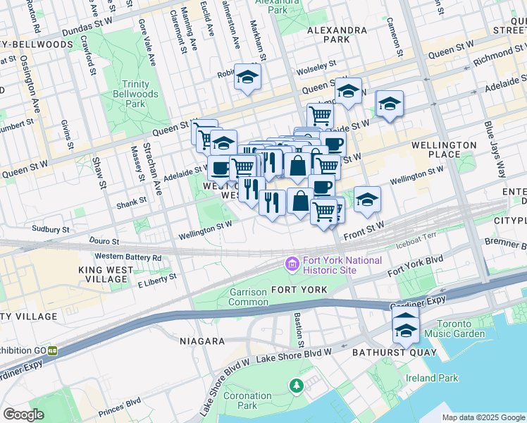 map of restaurants, bars, coffee shops, grocery stores, and more near 660 Wellington Street West in Toronto