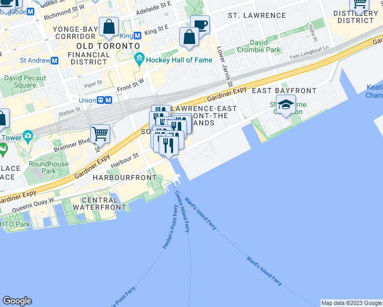 map of restaurants, bars, coffee shops, grocery stores, and more near Yonge Street in Toronto