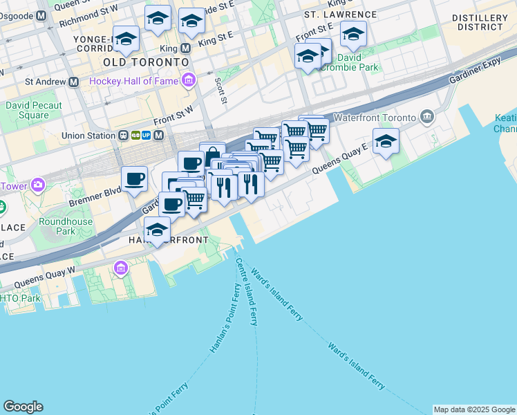 map of restaurants, bars, coffee shops, grocery stores, and more near 1 Yonge Street in Toronto